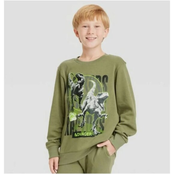 Jurassic Park Boys Velociraptor Crewneck Fleece Sweatshirt Green Large - Picture 1 of 3